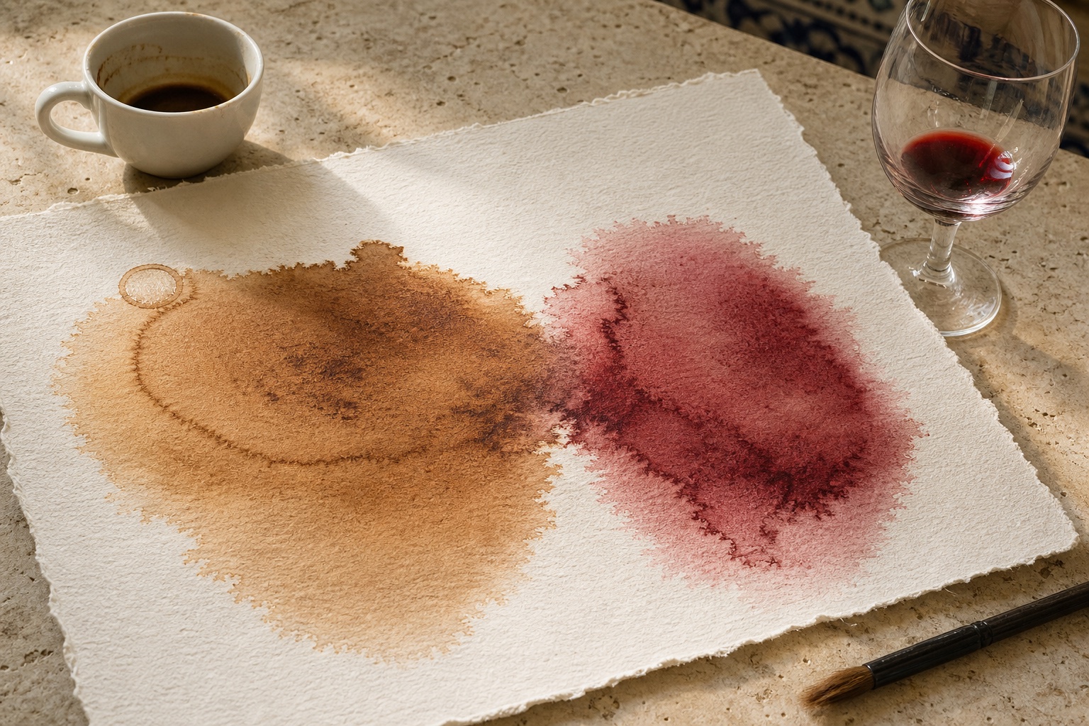Editorial image of brown coffee and burgundy red-wine washes side by side on textured paper, with a cup, wine glass and brush