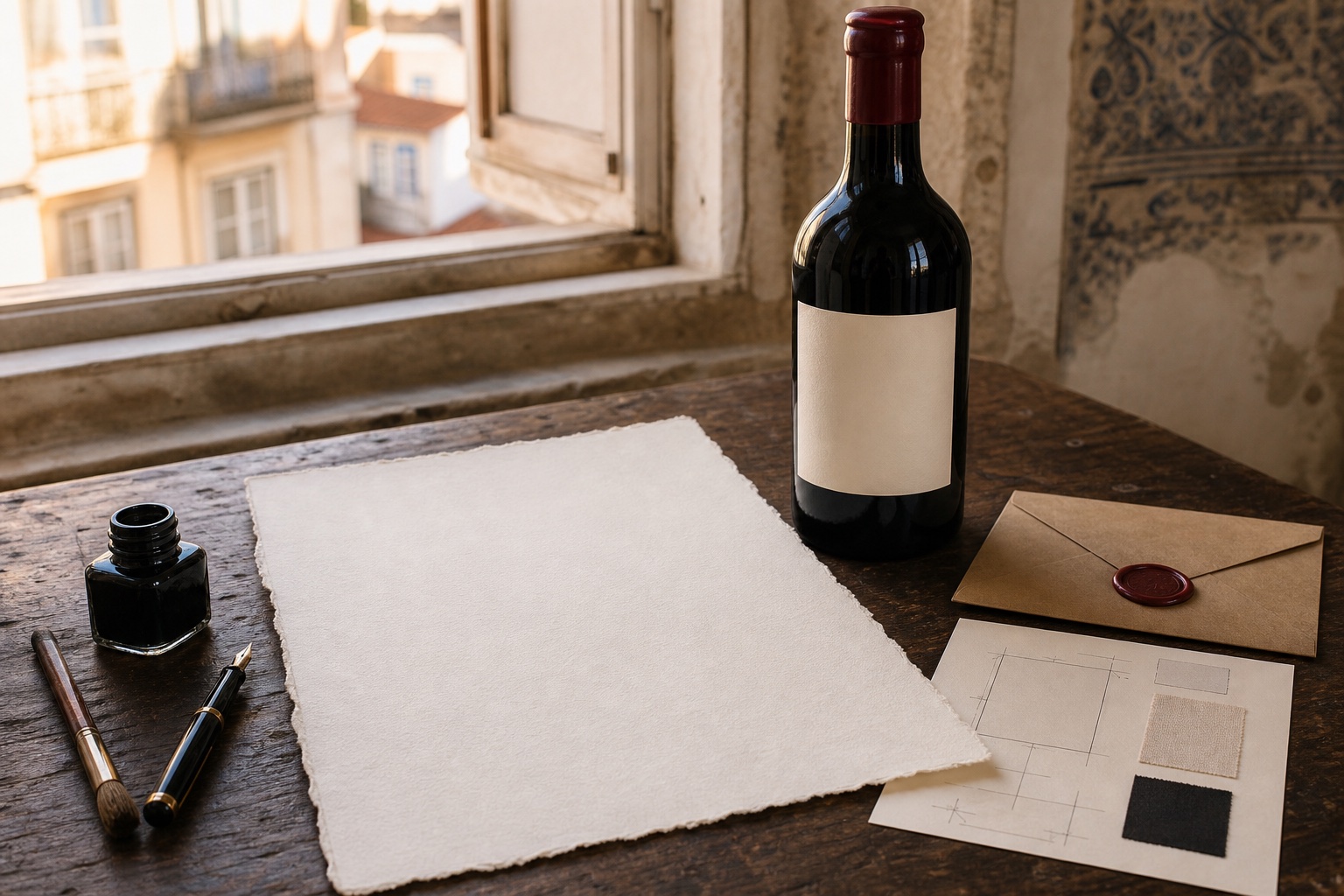 Editorial image of an unlabelled wine bottle, blank handmade paper, sealed envelope, brush, ink and material swatches in a Lisbon atelier