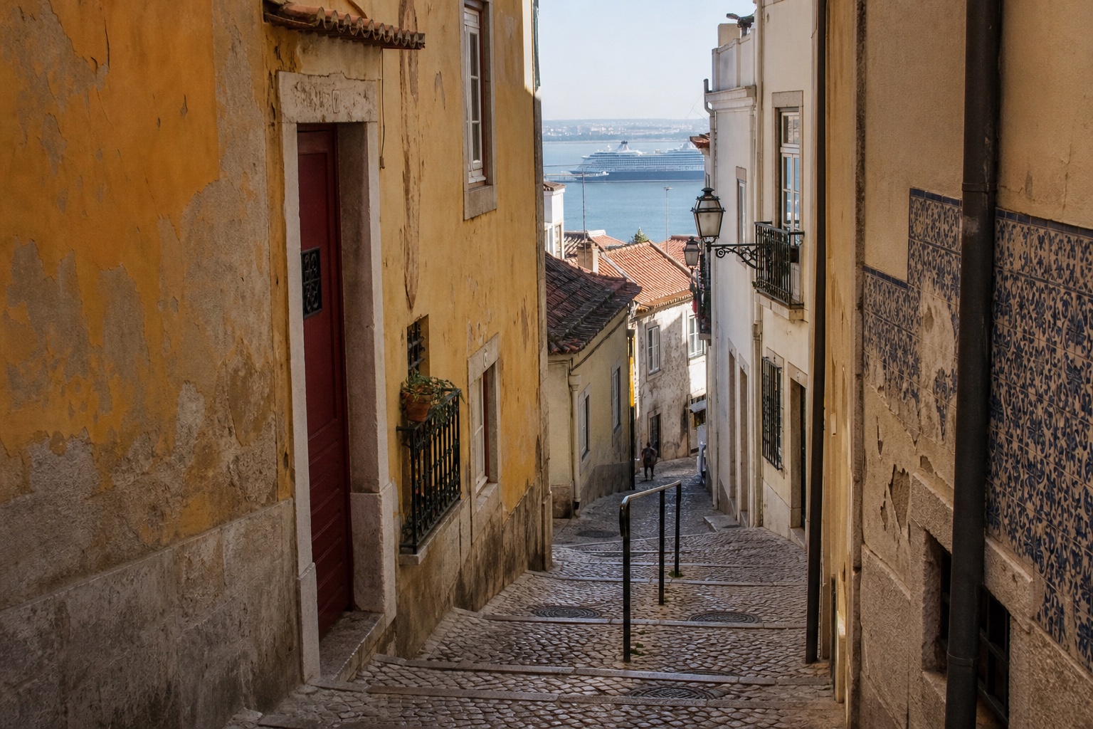 Editorial image looking down a steep cobbled Alfama lane toward a cruise ship on the Tagus