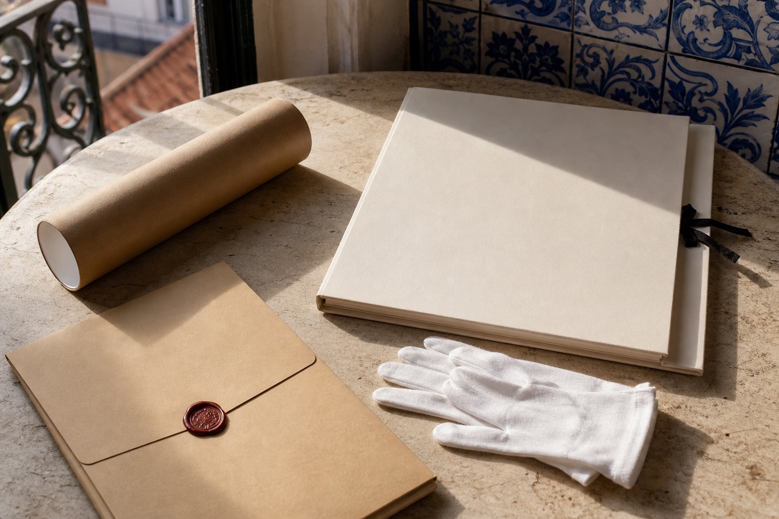 Editorial image of an archival portfolio, shipping tube, sealed document envelope and white handling gloves on a sunlit Lisbon table