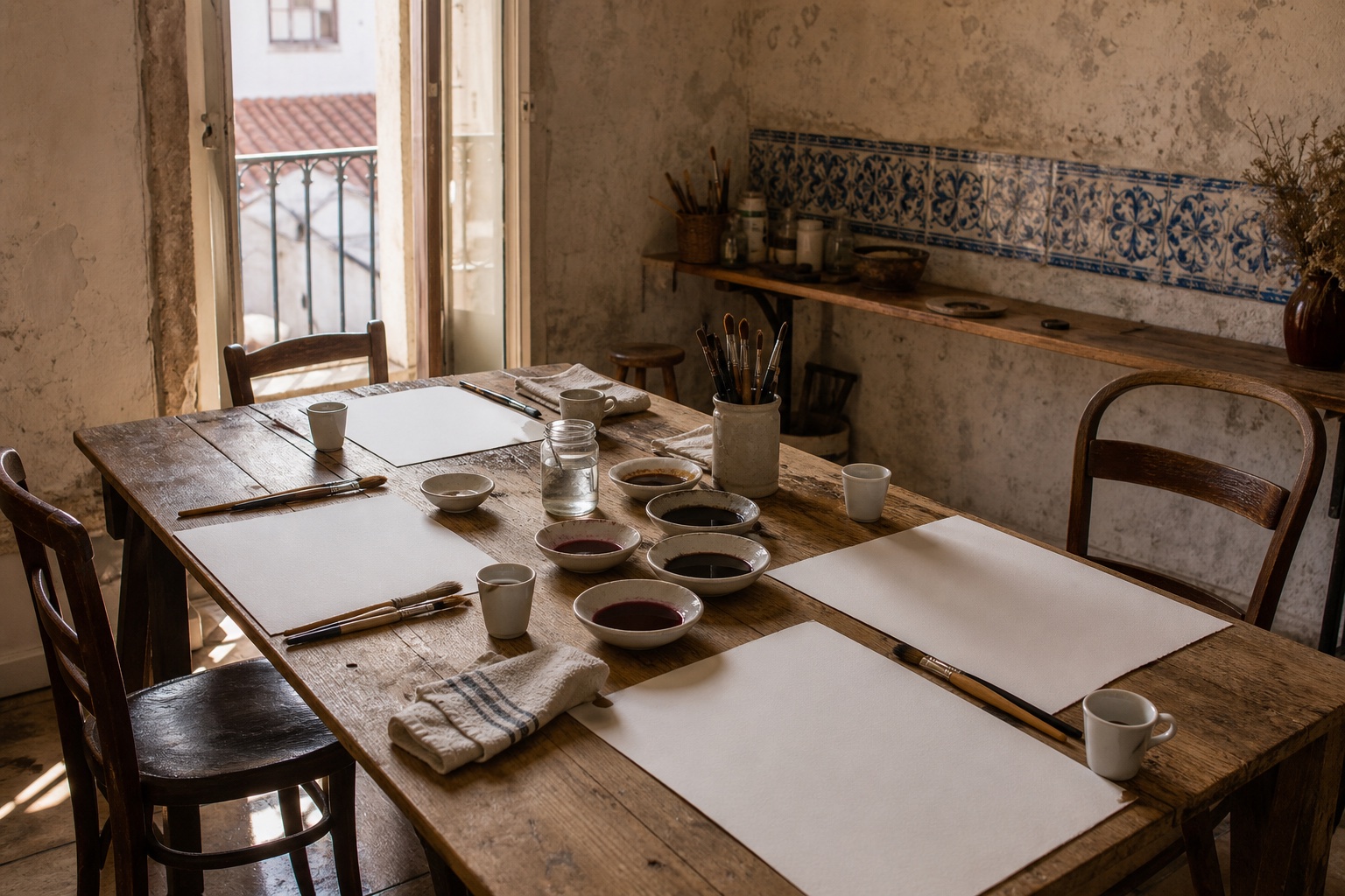 Editorial image of a private workshop table prepared with blank paper, brushes, coffee cups and shallow bowls of coffee and red wine