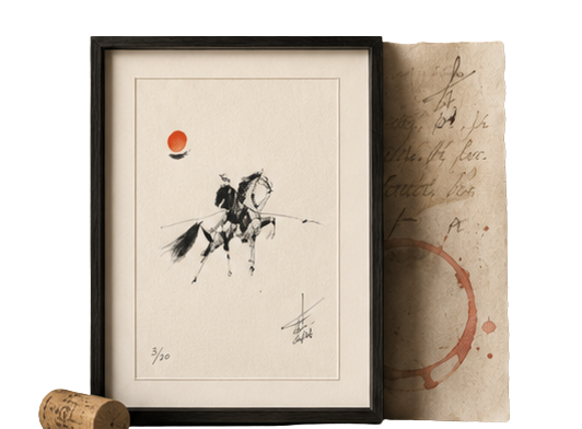 A signed, numbered horseman print in ink, coffee and red wine, framed beside an aged manuscript marked with a red-wine ring