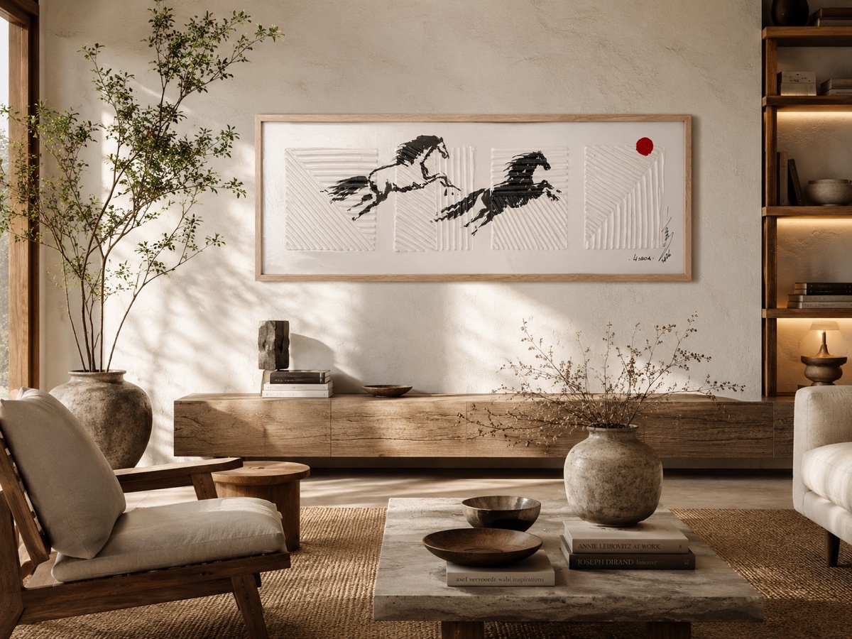 Rouslam Botiev horse composition displayed in a warm natural-material living room