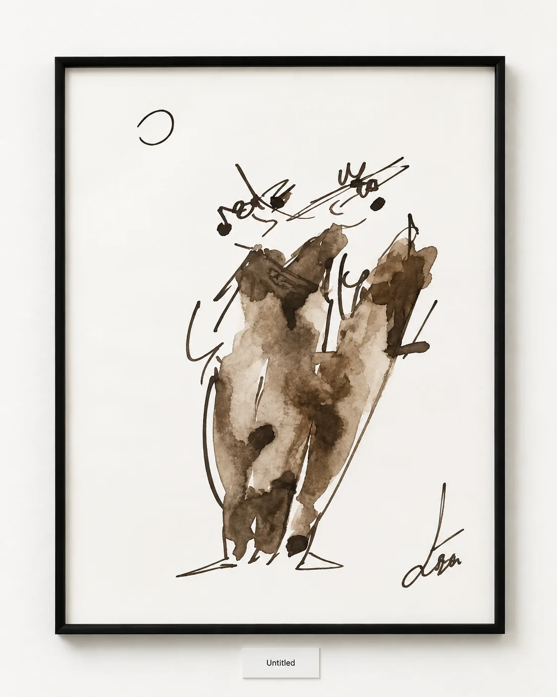 Coffee-and-wine works on paper where stain, line, and warm color shape figures, animals, and fragments of memory.
