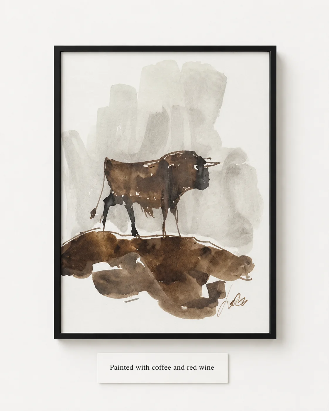 Coffee-and-wine works on paper where stain, line, and warm color shape figures, animals, and fragments of memory.