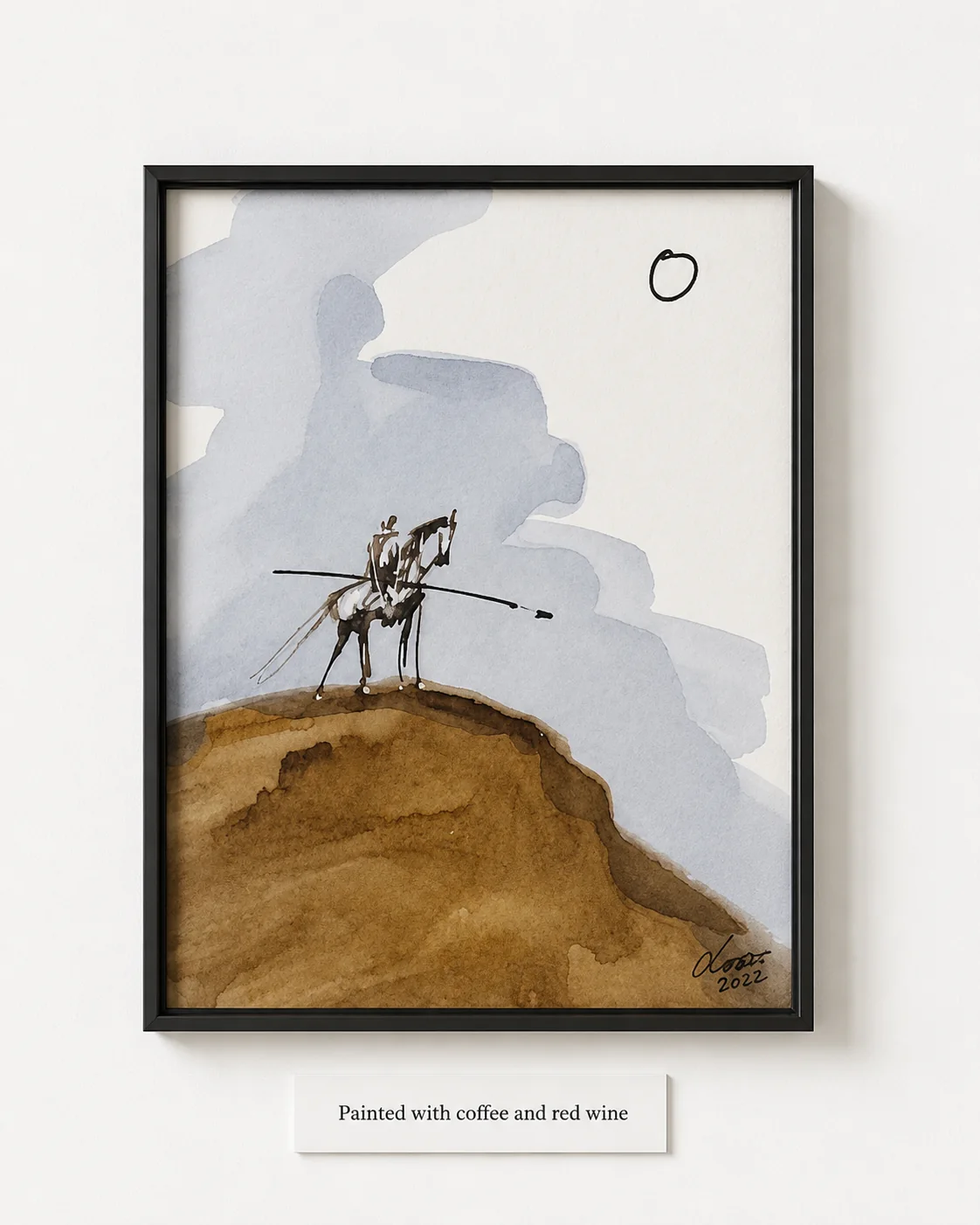 Coffee-and-wine works on paper where stain, line, and warm color shape figures, animals, and fragments of memory.