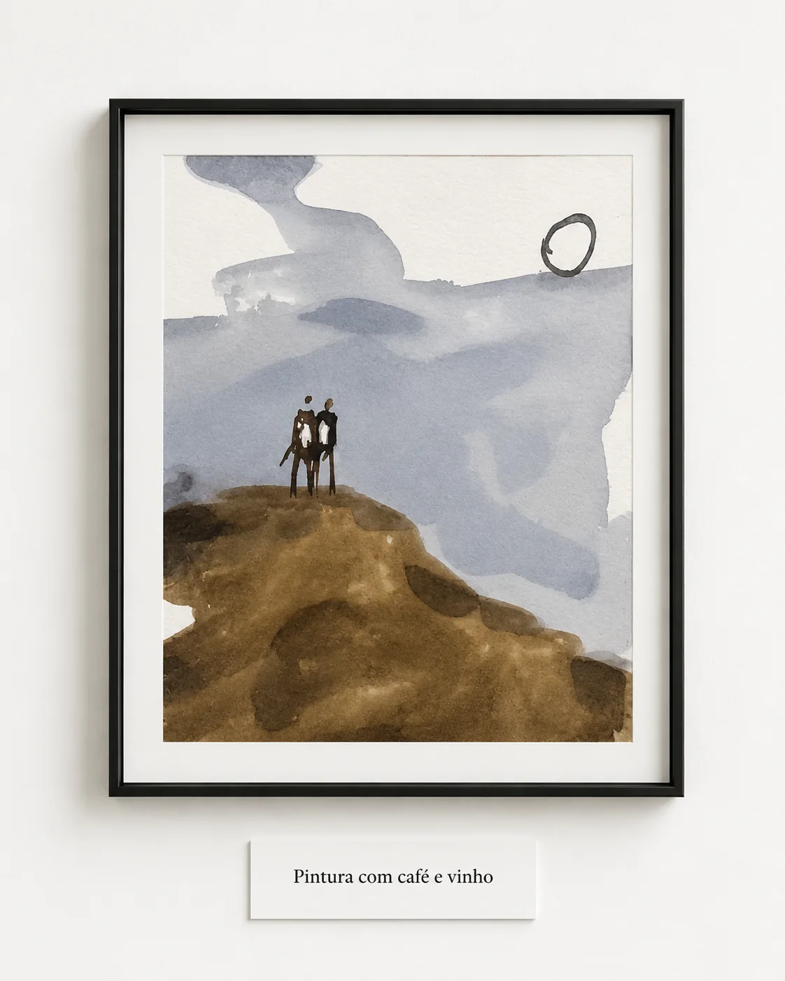 Coffee-and-wine works on paper where stain, line, and warm color shape figures, animals, and fragments of memory.