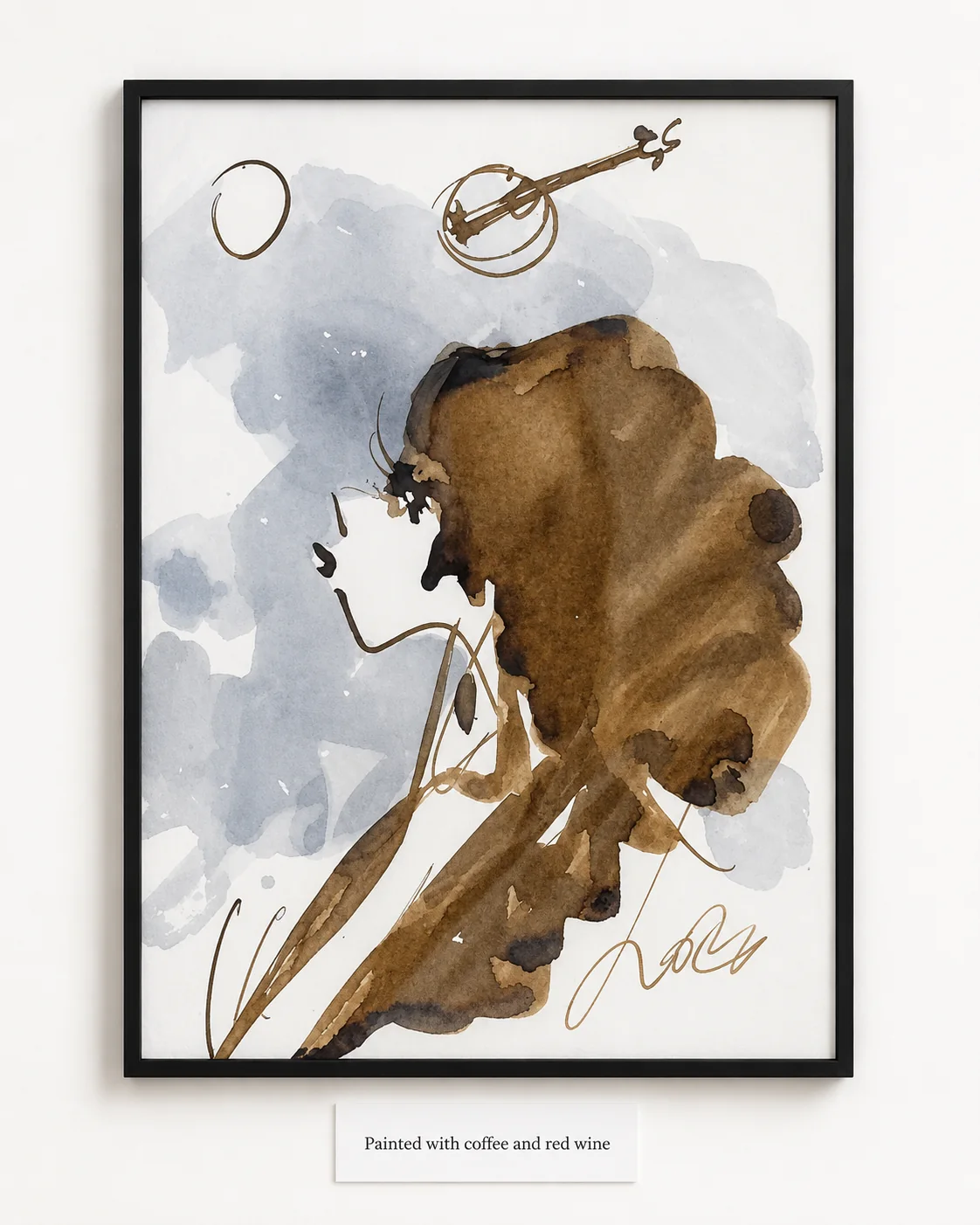 Coffee-and-wine works on paper where stain, line, and warm color shape figures, animals, and fragments of memory.