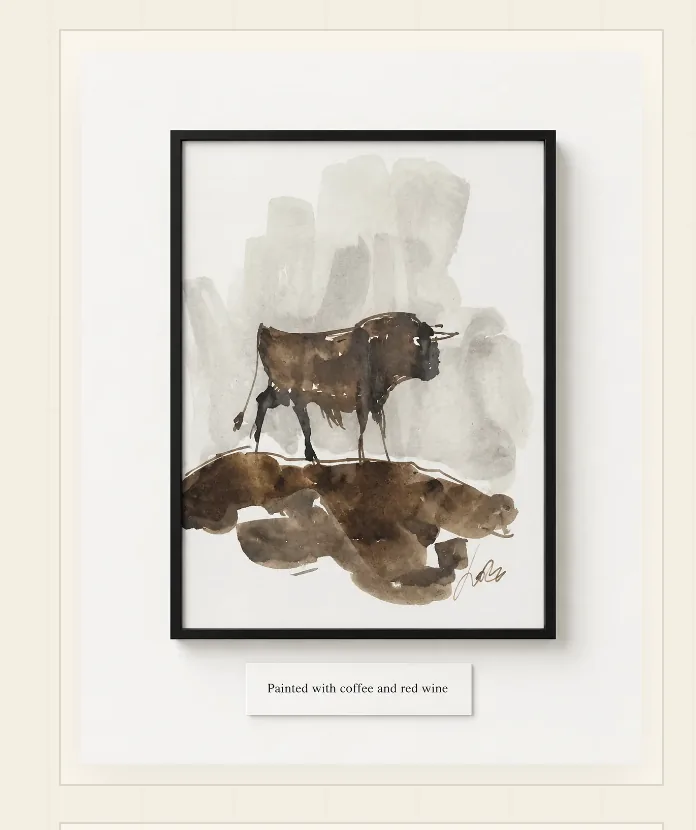 Featured cow composition painted with coffee and red wine by Rouslam Botiev