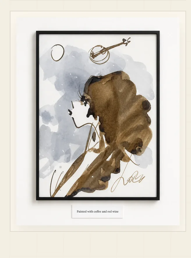 Featured woman and bowl composition painted with coffee and red wine by Rouslam Botiev