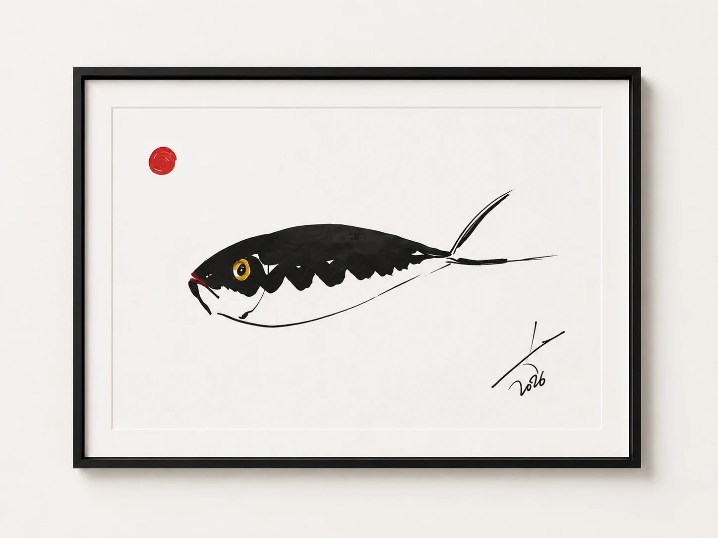 A2 brush-ink work by Rouslam Botiev: a single black fish with a yellow eye beneath a small red sun