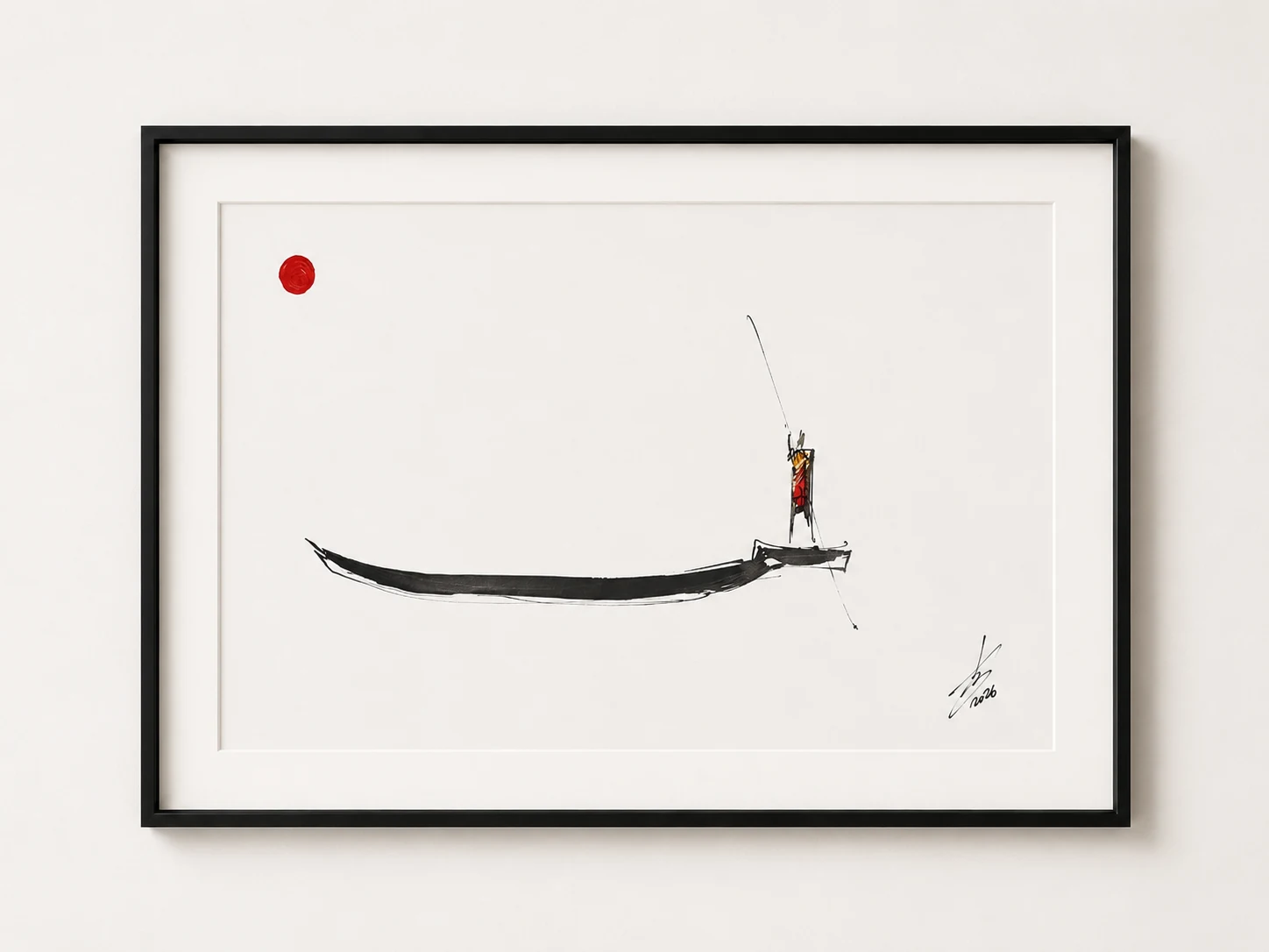 A2 brush-ink work by Rouslam Botiev: a long single-stroke boat carrying a standing fisherman beneath a red sun