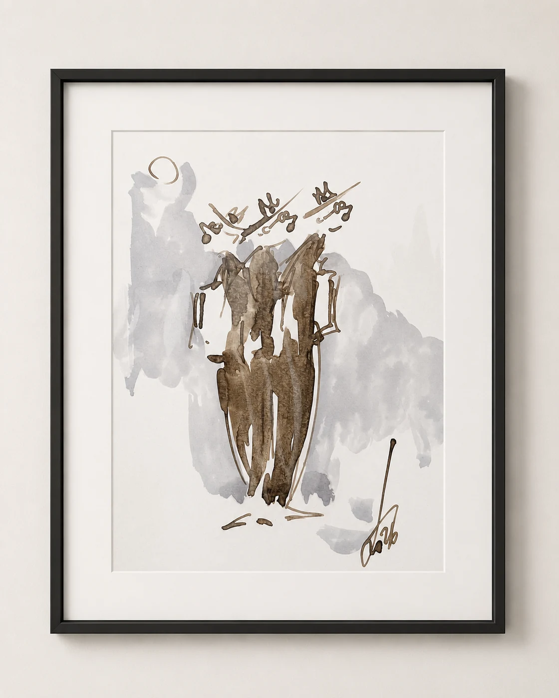 Vertical original work on paper with loosely drawn figures and warm coffee-coloured washes
