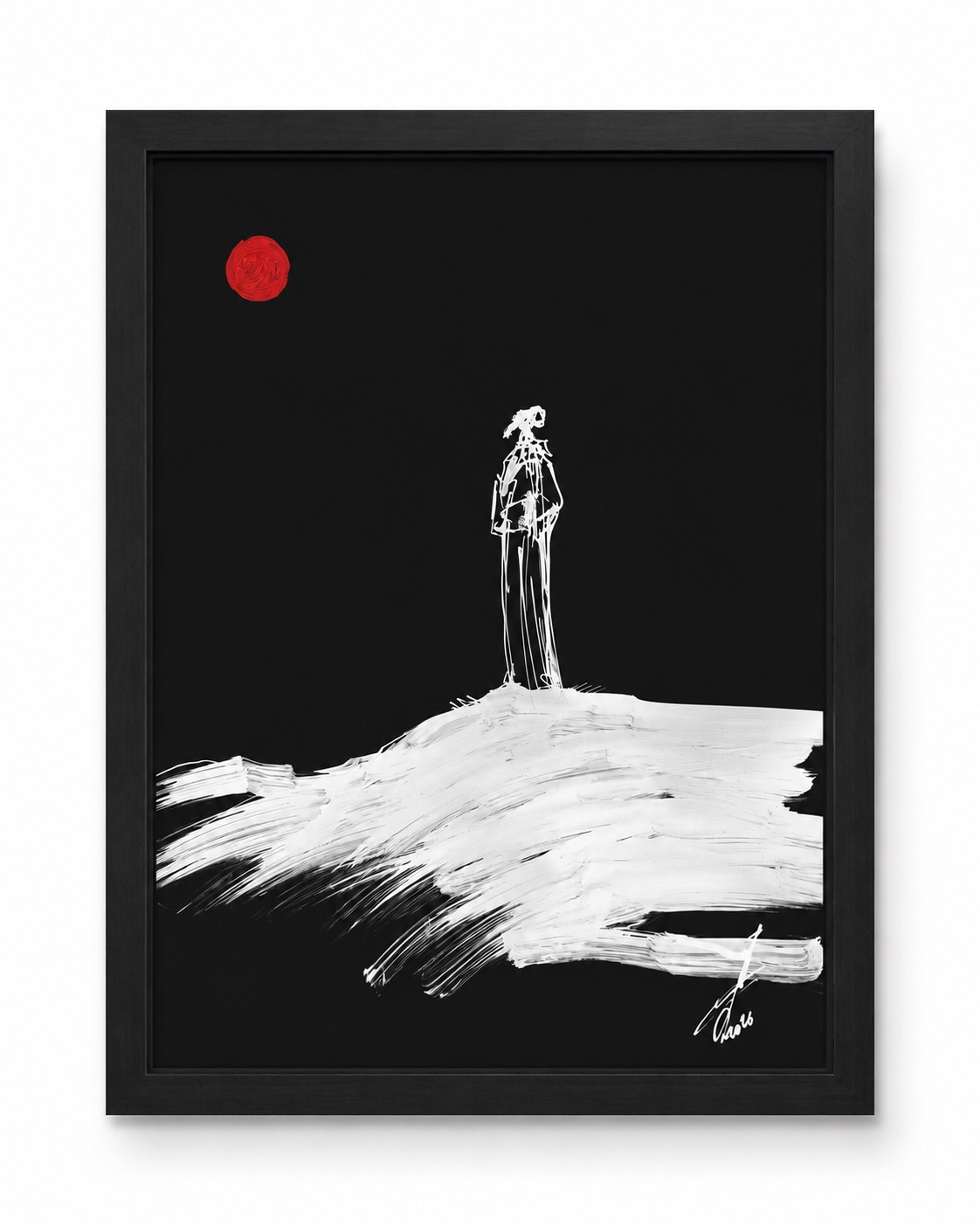Black paper work by Rouslam Botiev: a lone white figure standing on a sweeping ridge beneath a red sun