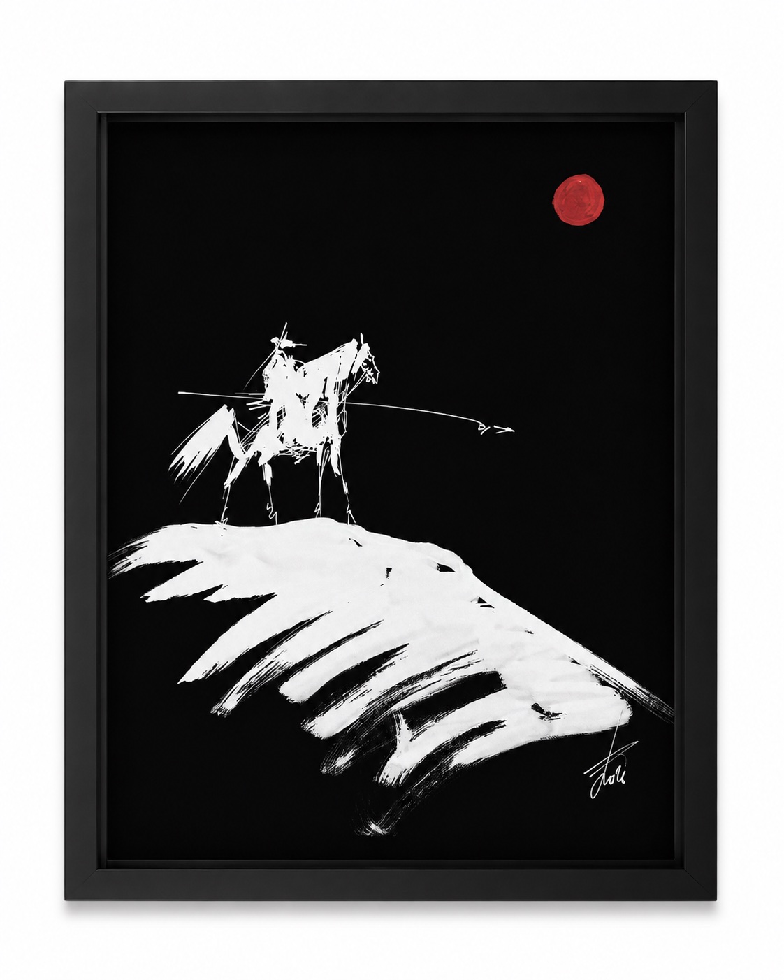 Black paper work by Rouslam Botiev: a white horseman with a lance on a ridge beneath a red sun
