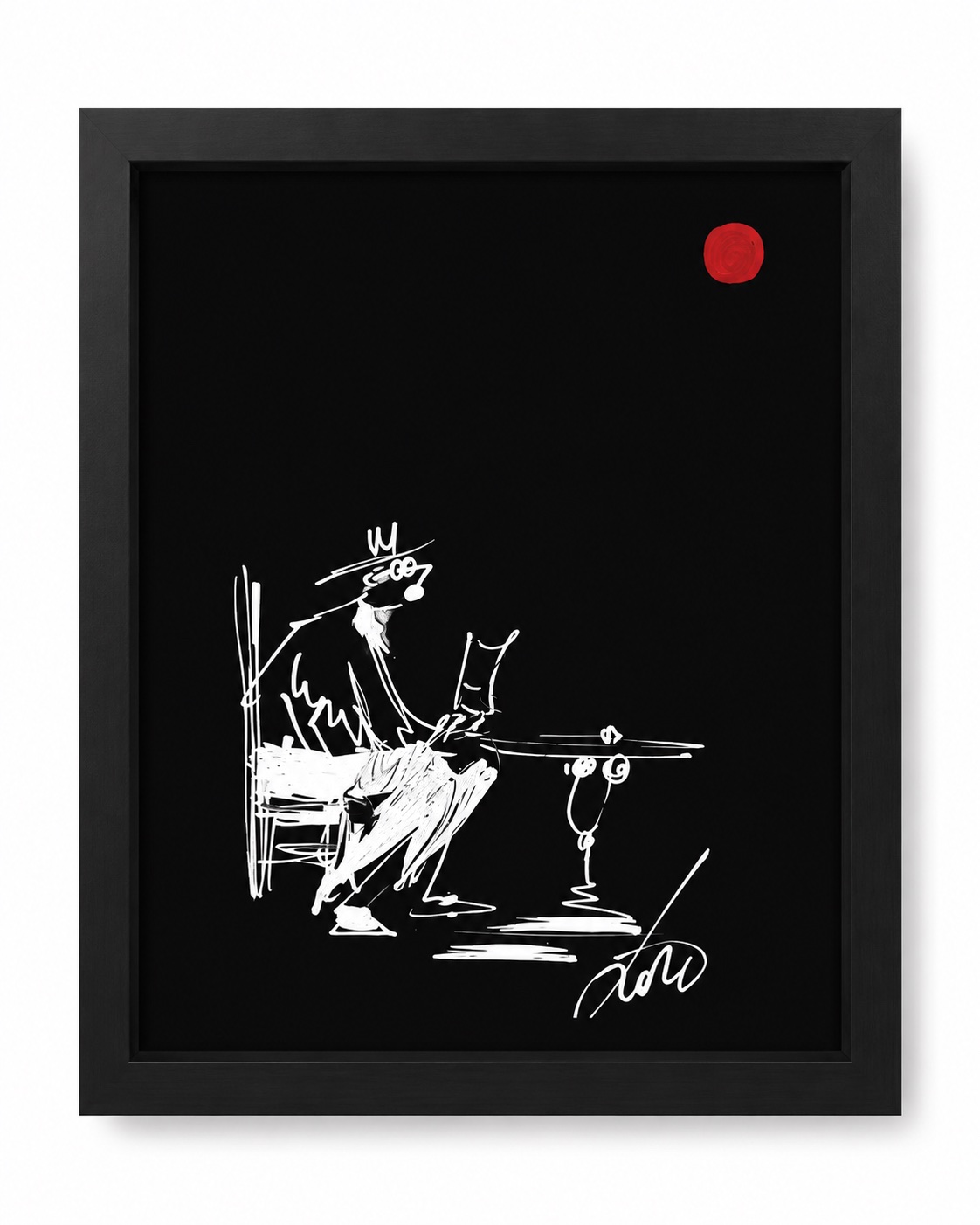 Black paper work by Rouslam Botiev: a seated white-line figure at a table beneath a red sun