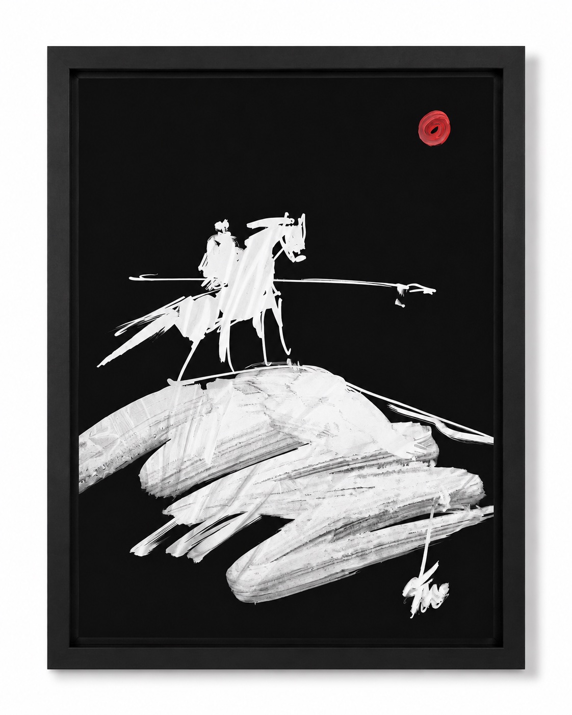Black paper work by Rouslam Botiev: a white horseman crossing a brushed ridge beneath a red sun