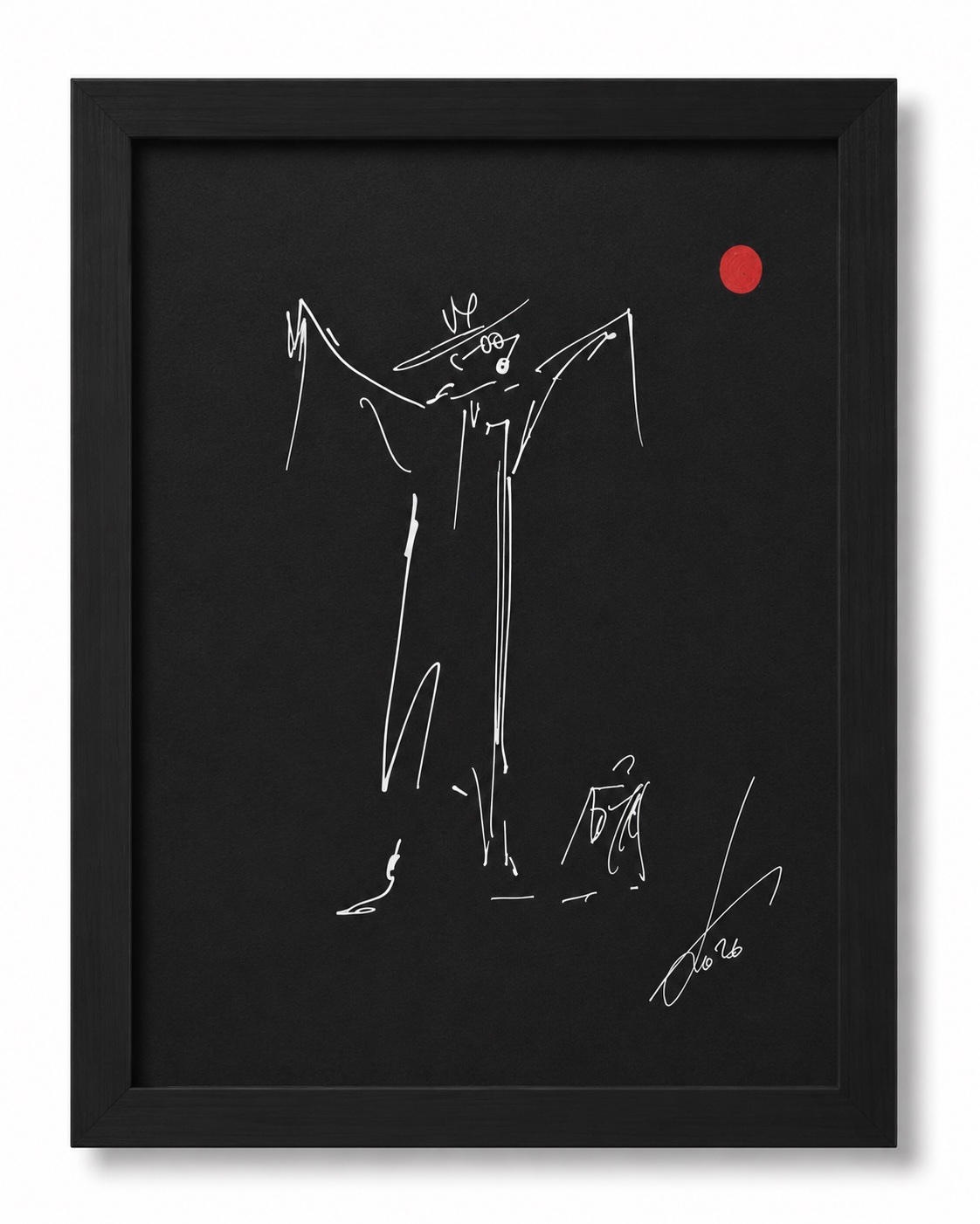 Black paper work by Rouslam Botiev: a standing white-line figure with raised arms beneath a red sun