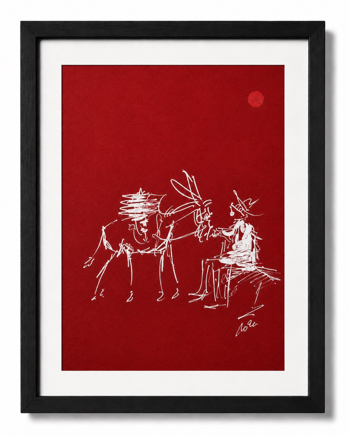 Red paper work by Rouslam Botiev: three white-line figures gathered around an animal