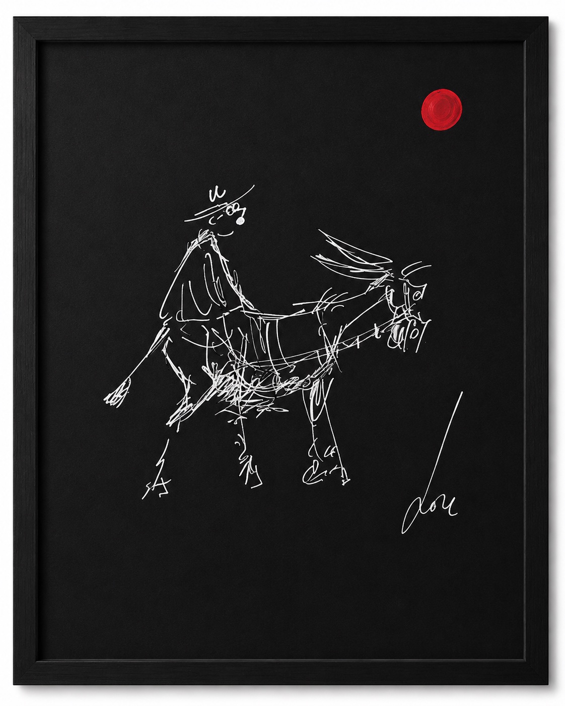 Black paper work by Rouslam Botiev: a white-line rider on horseback beneath a red sun