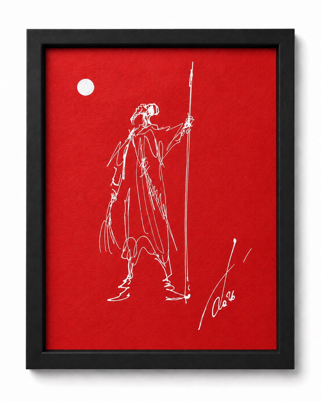 Red paper work by Rouslam Botiev: a standing white-line traveller with a staff beneath a pale moon