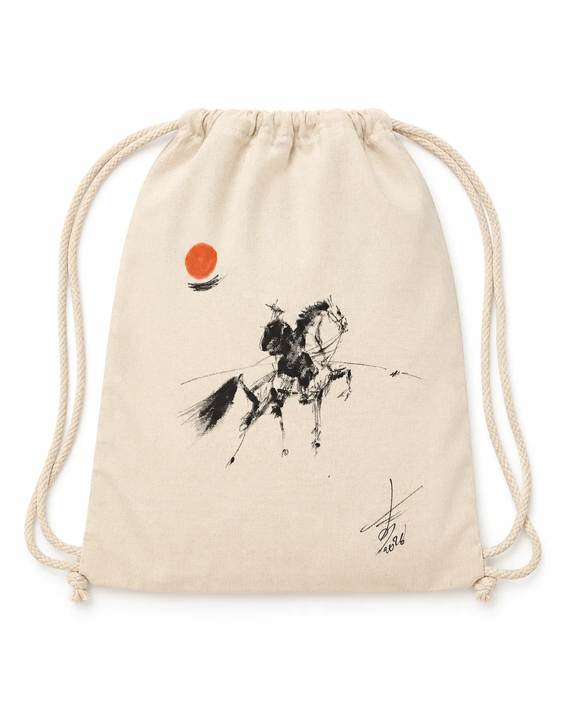 Cotton tote bag with rider drawing and red sun by Rouslam Botiev