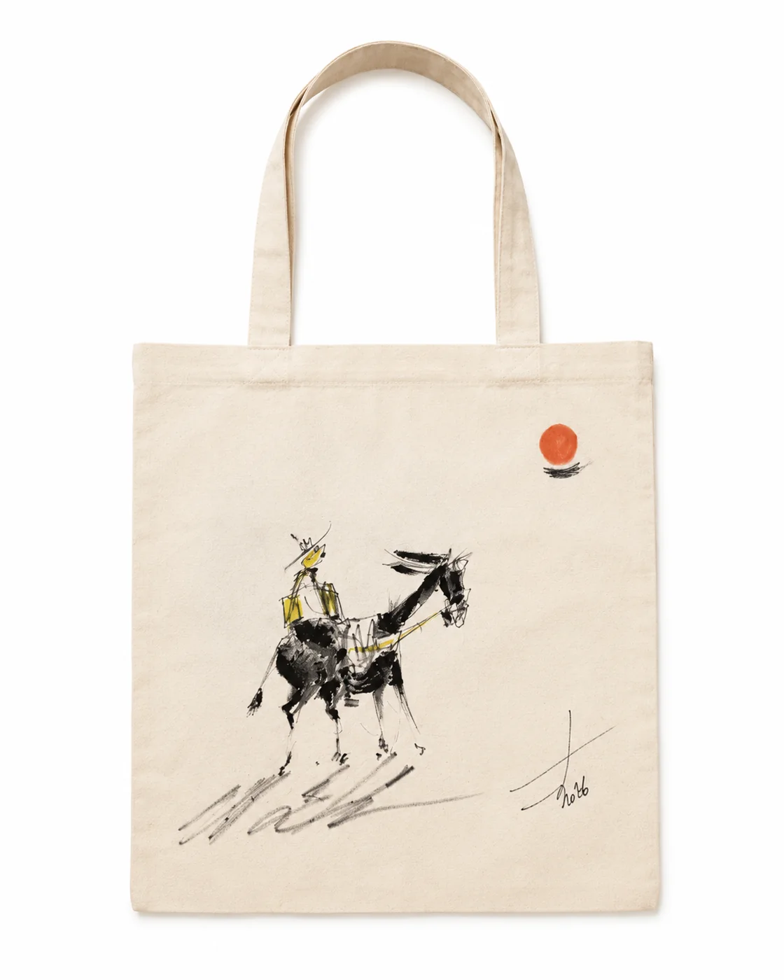 Cotton drawstring bag with horseman drawing and red sun by Rouslam Botiev