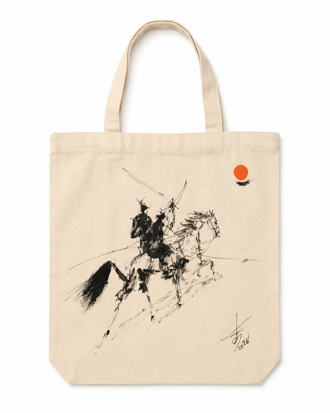Cotton tote bag with fish drawing and red sun by Rouslam Botiev