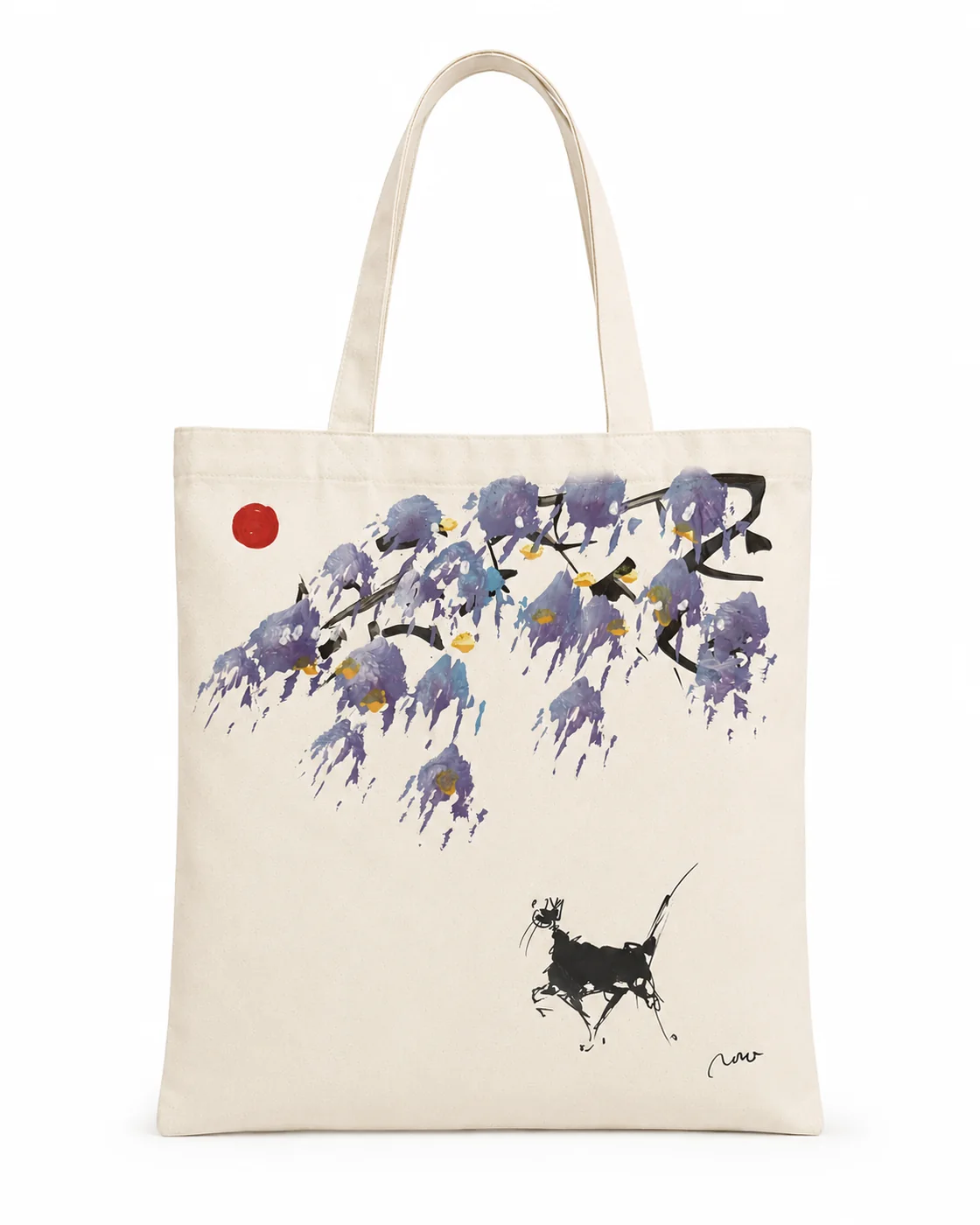 Cotton tote bag with purple blossom, black cat, and red sun by Rouslam Botiev