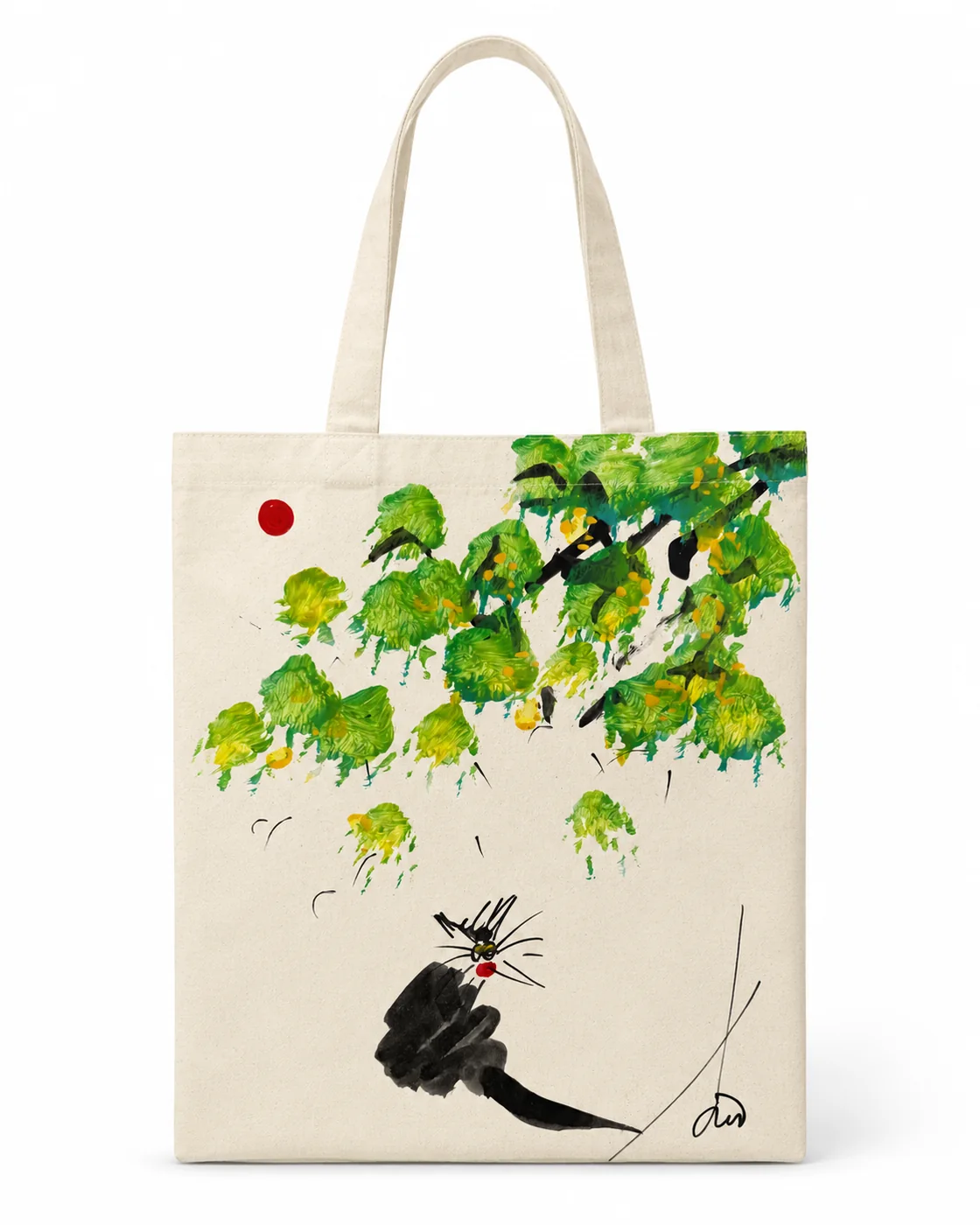 Cotton tote bag with green foliage, black cat, and red sun by Rouslam Botiev