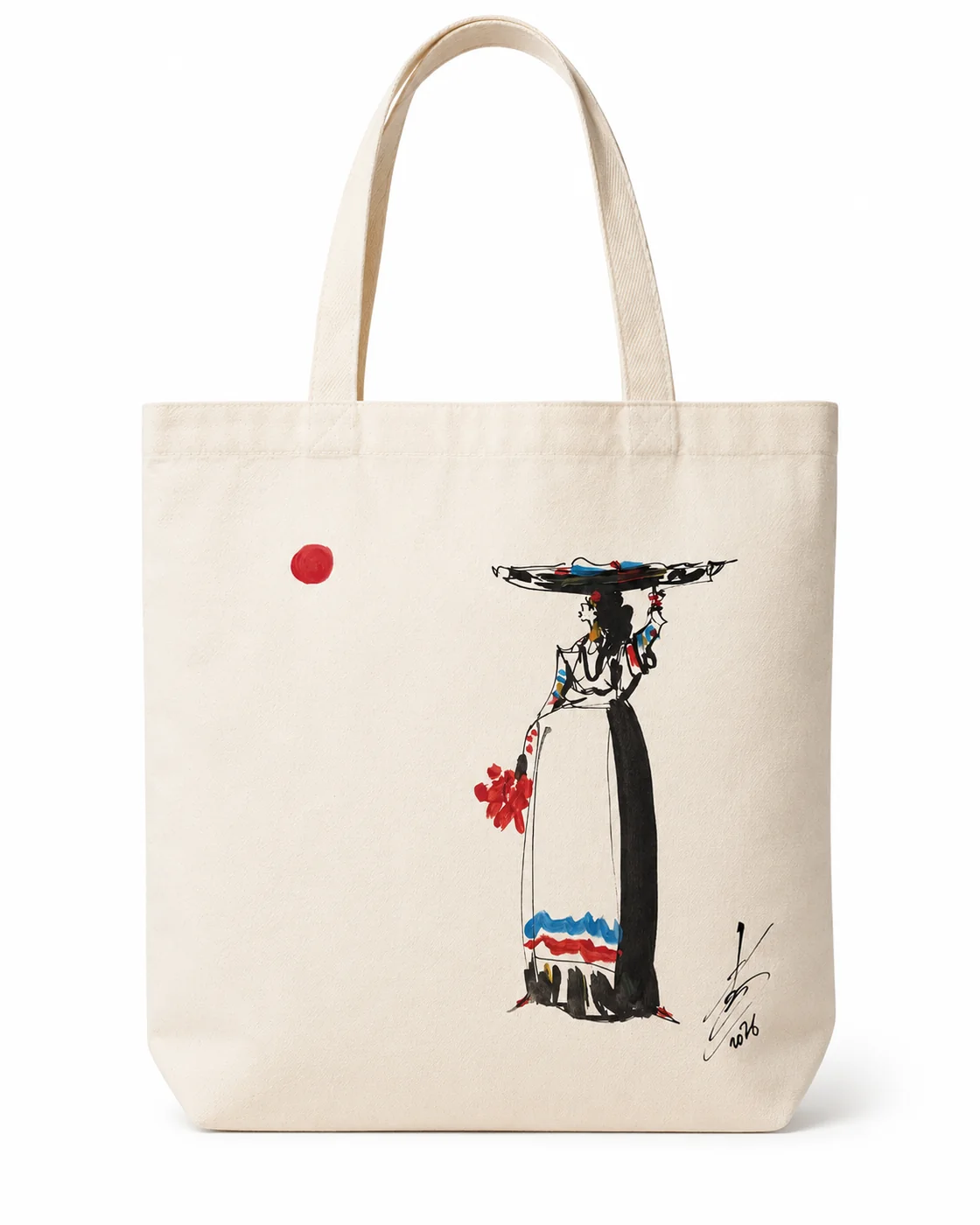 Cotton tote bag with standing figure and red sun by Rouslam Botiev