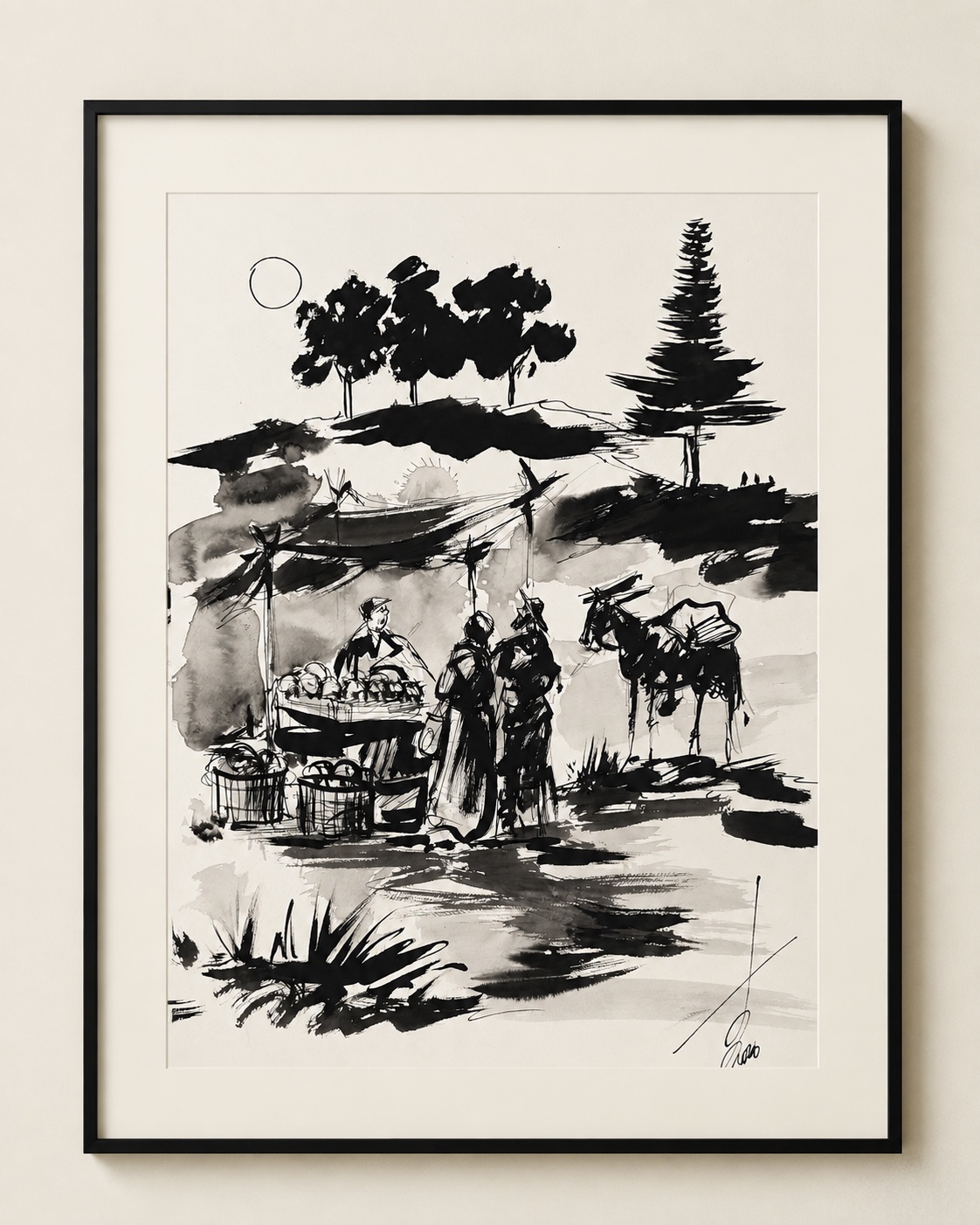 Market Beneath the Pines, Special Edition ink-and-wash work by Rouslam Botiev