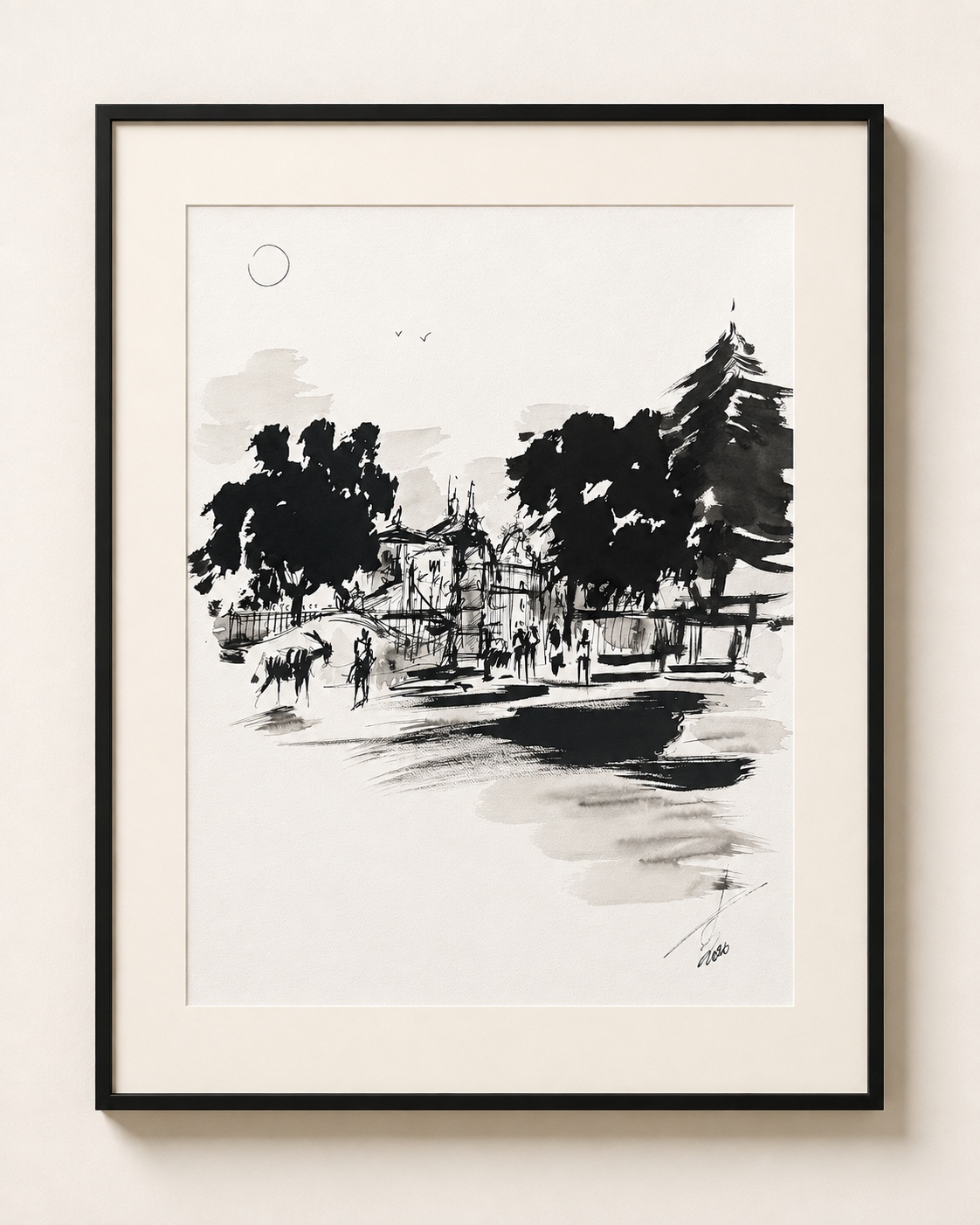 Village Promenade, Special Edition ink-and-wash work by Rouslam Botiev