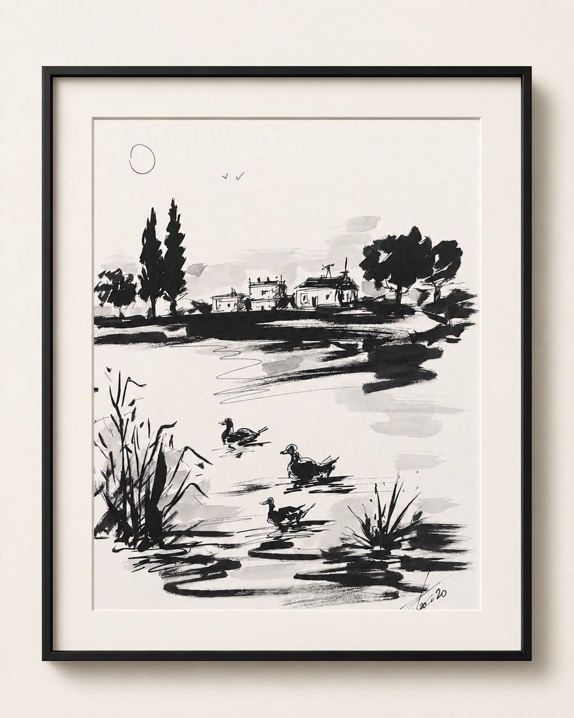 Ducks on the Water, Special Edition ink-and-wash work by Rouslam Botiev